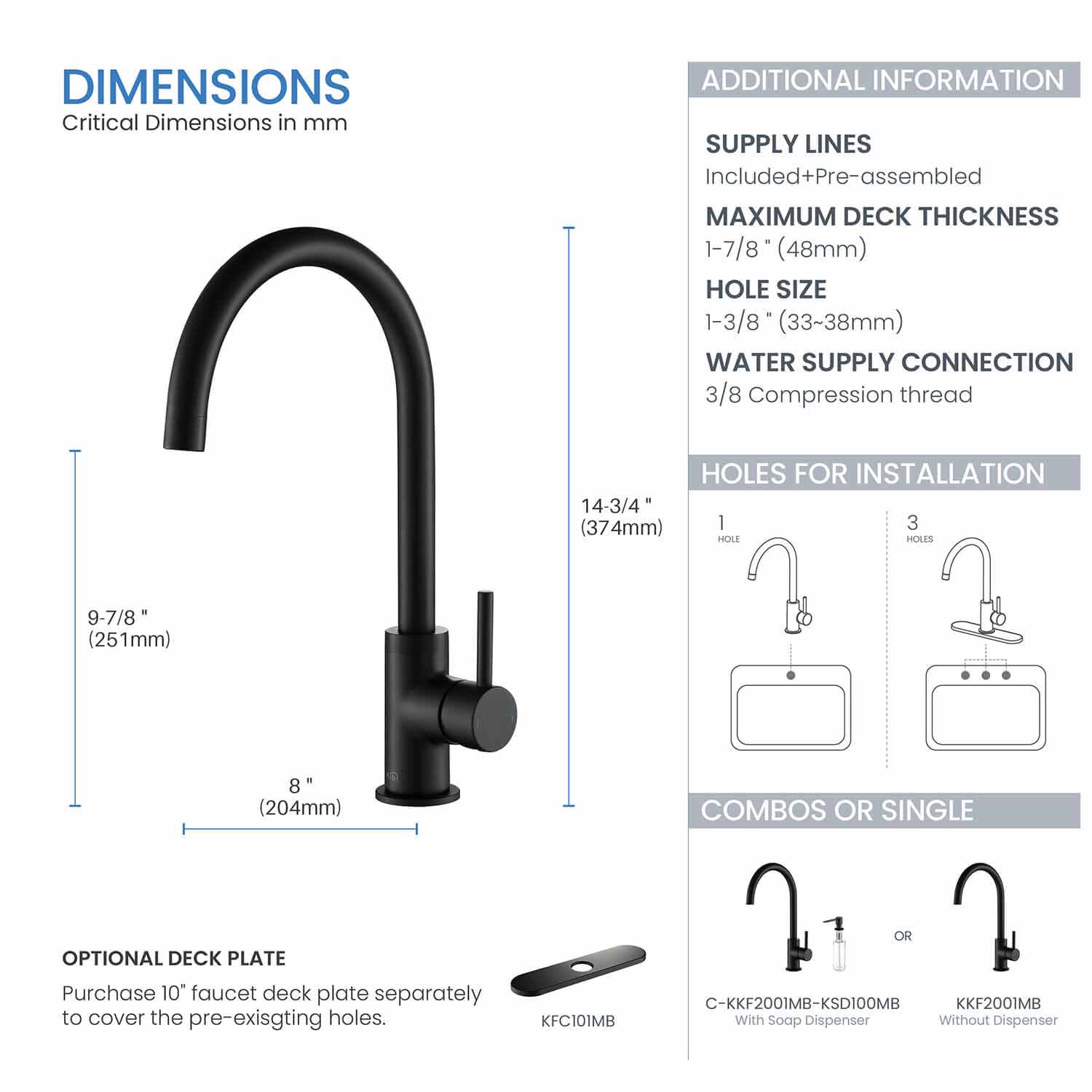 Kibi Lowa Single Handle High Arc Kitchen Bar Sink Faucet With Soap Dispenser in Matte Black Finish - C-KKF2001MB-KSD100MB