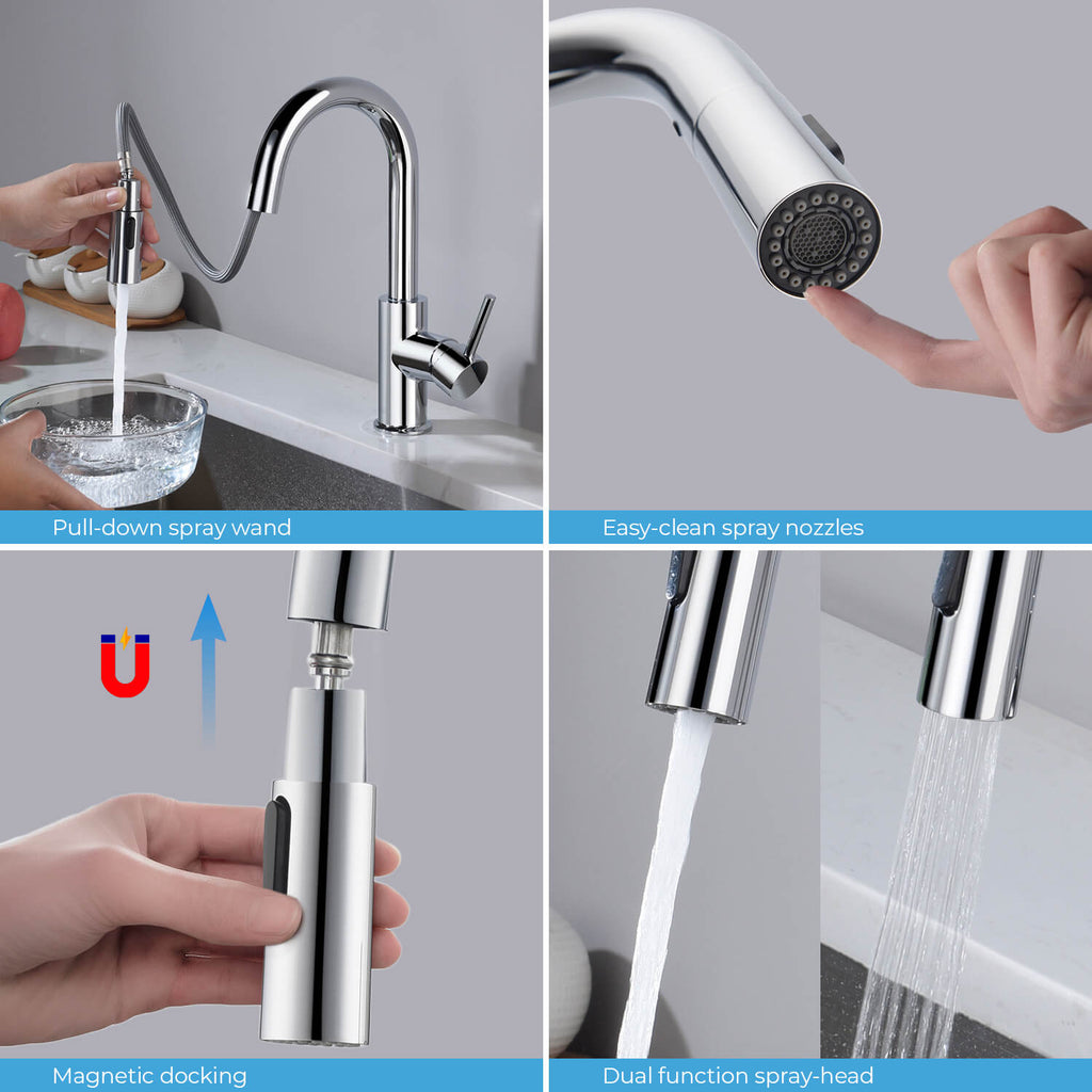 Kibi Luxe Single Handle High Arc Pull Down Kitchen Faucet With Soap Dispenser in Chrome Finish - C-KKF2011CH-KSD100CH