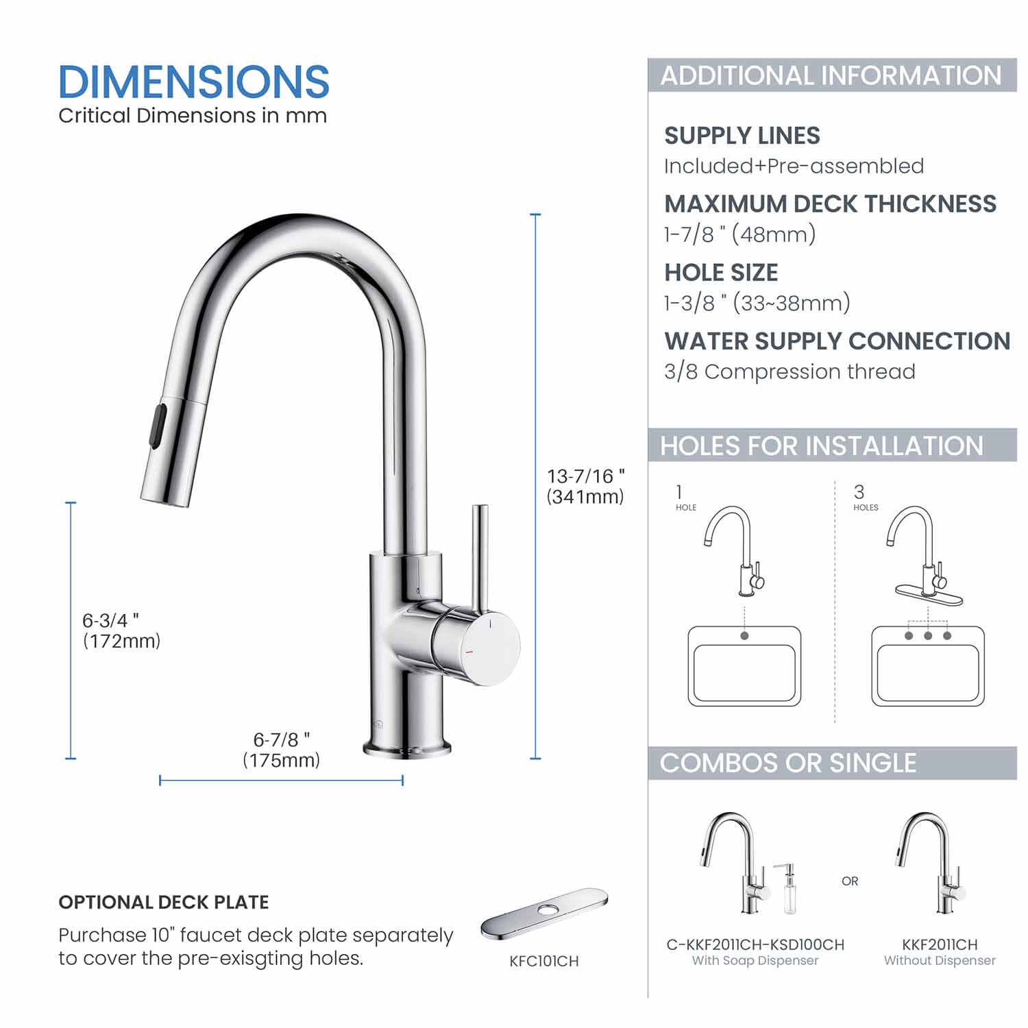 Kibi Luxe Single Handle High Arc Pull Down Kitchen Faucet With Soap Dispenser in Chrome Finish - C-KKF2011CH-KSD100CH