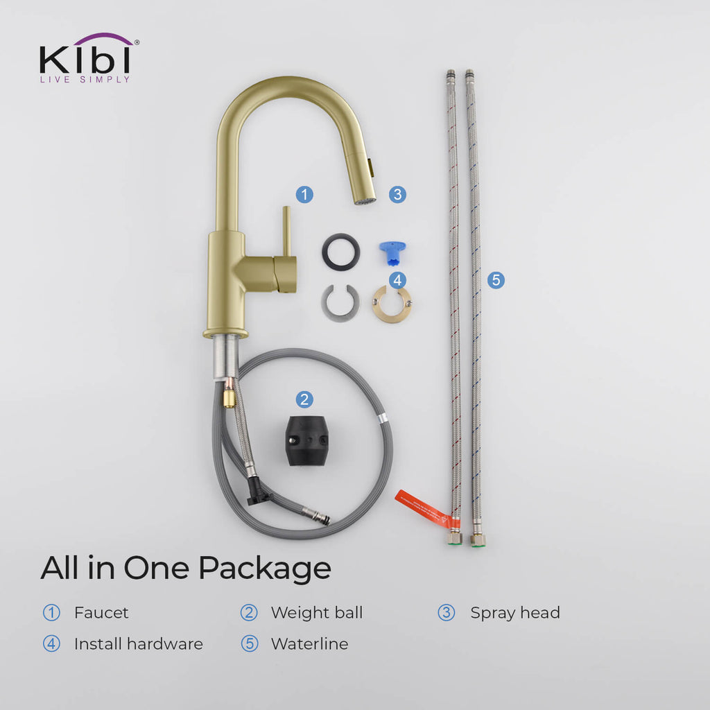 Kibi Luxe Single Handle High Arc Pull Down Kitchen Faucet in Brushed Gold Finish - KKF2011BG
