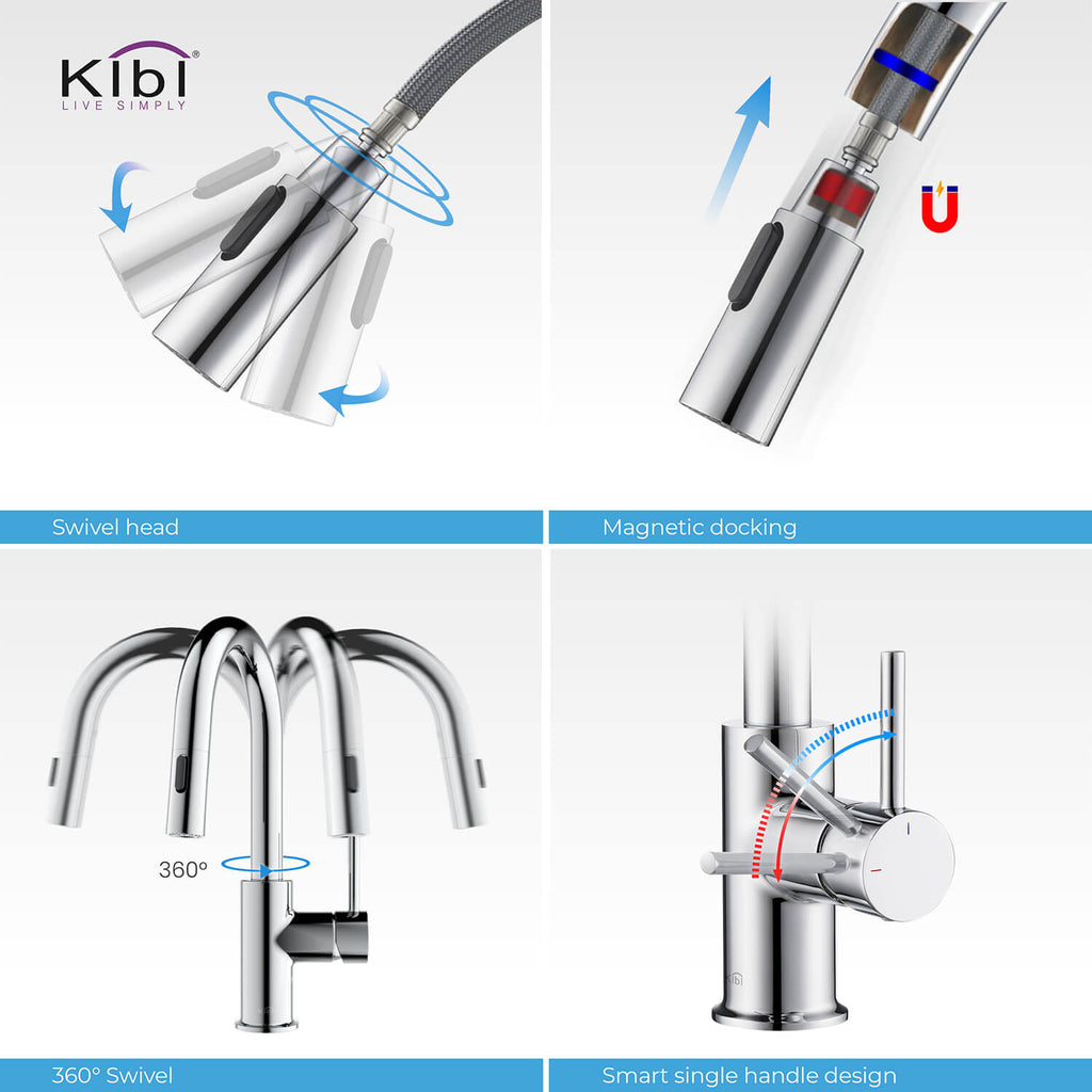 Kibi Luxe Single Handle High Arc Pull Down Kitchen Faucet in Chrome Finish - KKF2011CH