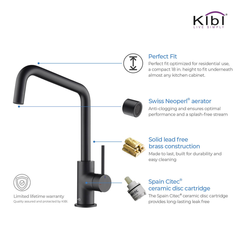 Kibi Macon Single Handle High Arc Kitchen Bar Sink Faucet With Soap Dispenser in Matte Black Finish - C-KKF2012MB-KSD100MB