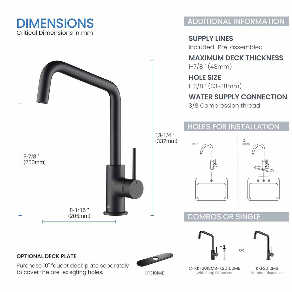 Kibi Macon Single Handle High Arc Kitchen Bar Sink Faucet With Soap Dispenser in Matte Black Finish - C-KKF2012MB-KSD100MB