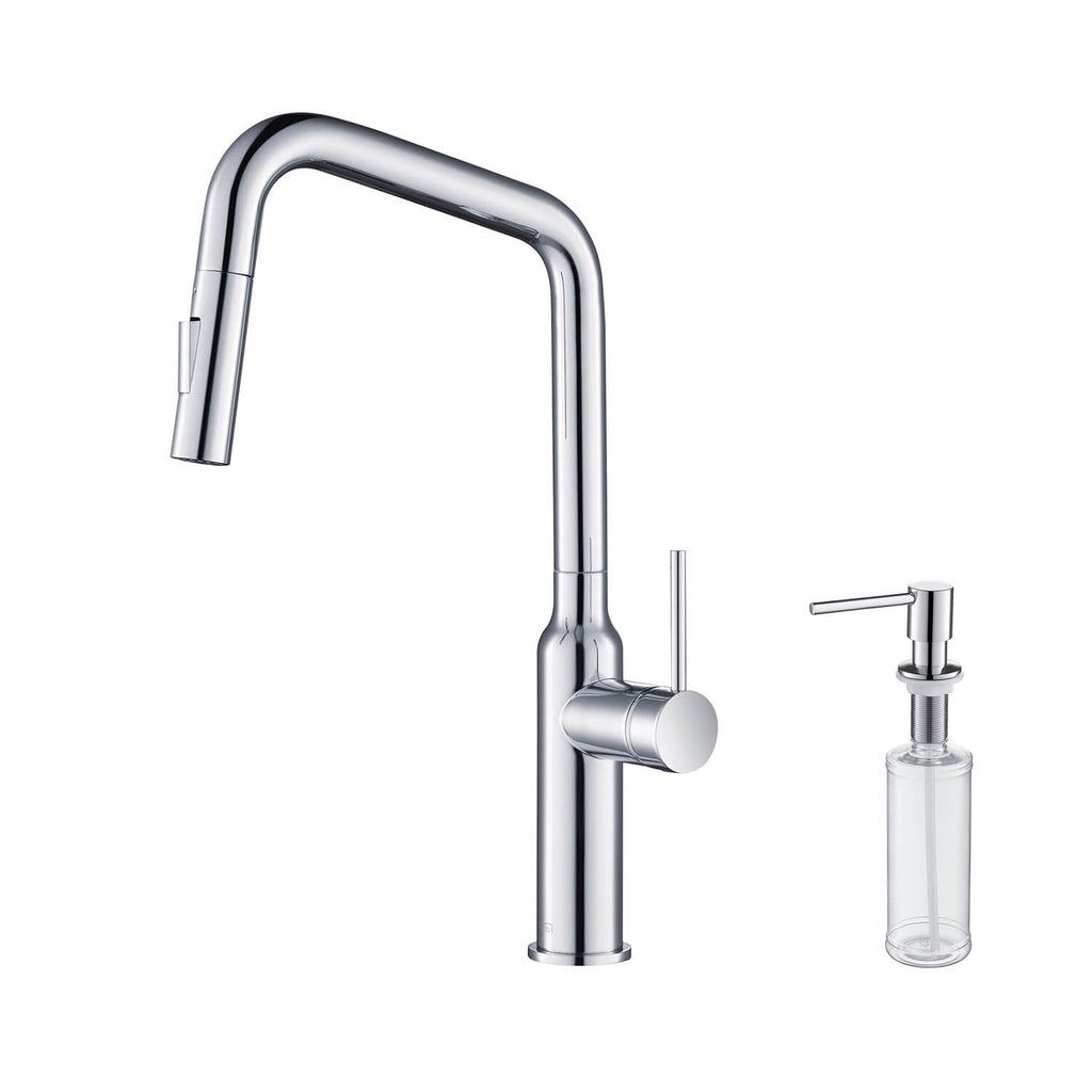 Kibi Macon Single Handle High Arc Pull Down Kitchen Faucet With Soap Dispenser in Chrome Finish - C-KKF2007CH-KSD100CH