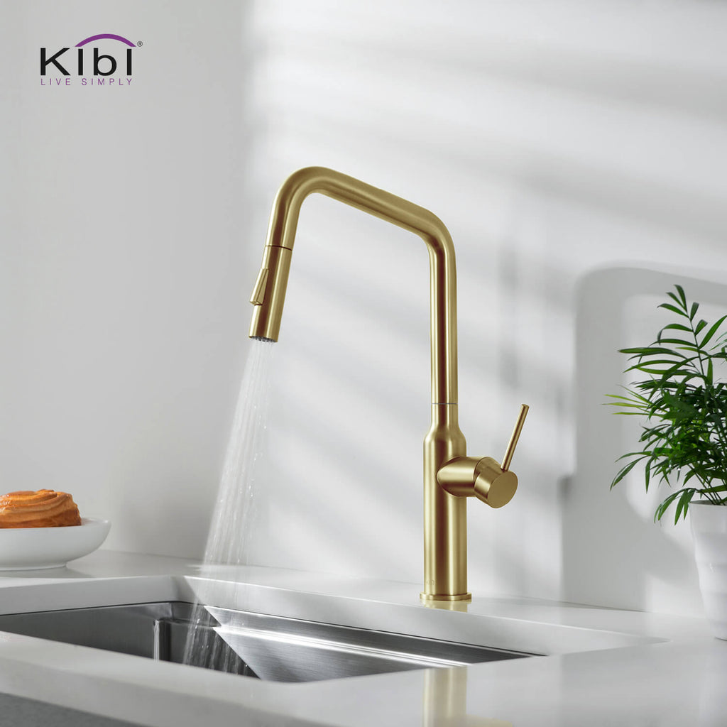 Kibi Macon Single Handle High Arc Pull Down Kitchen Faucet in Brushed Gold Finish - KKF2007BG