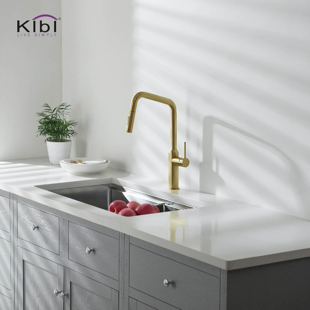Kibi Macon Single Handle High Arc Pull Down Kitchen Faucet in Brushed Gold Finish - KKF2007BG