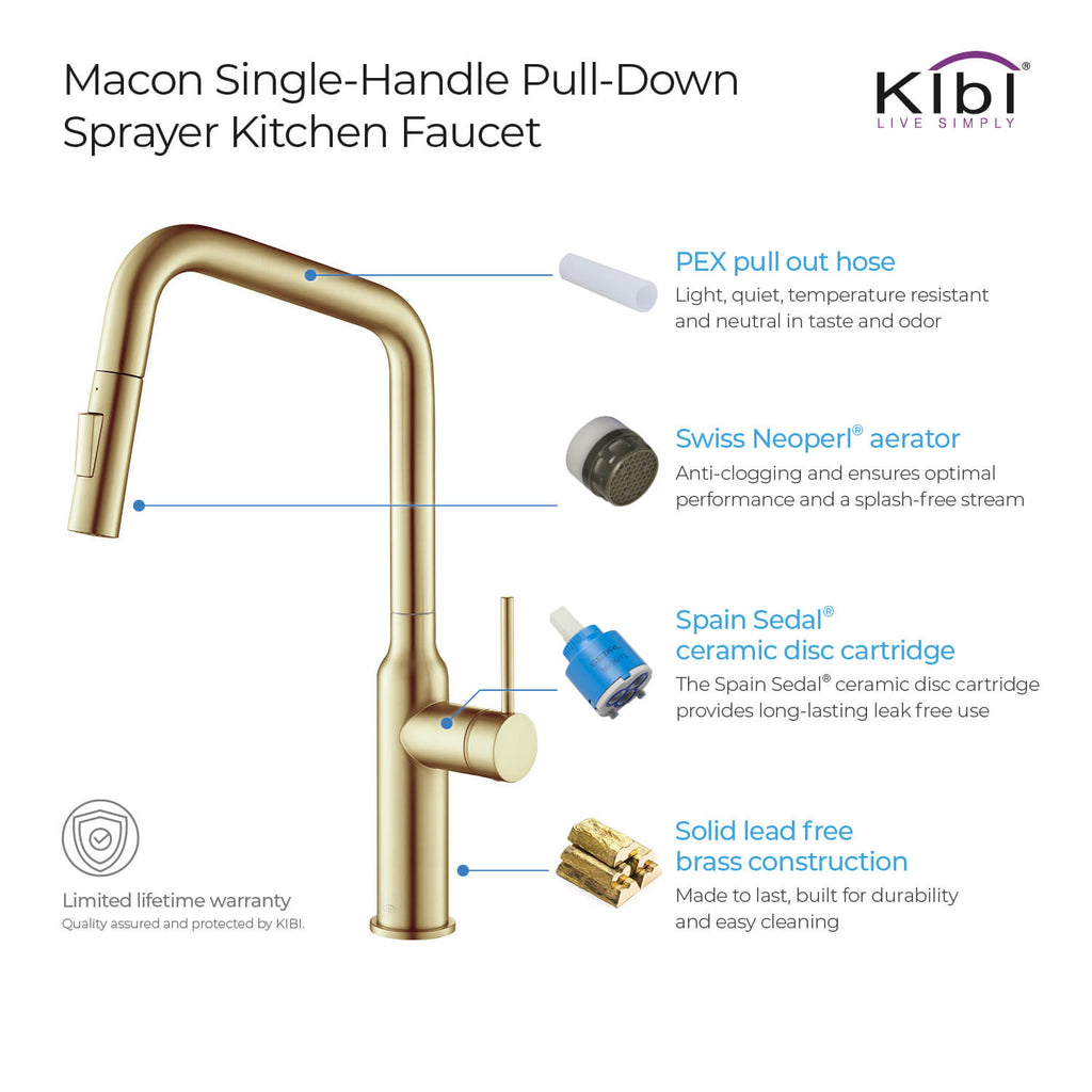 Kibi Macon Single Handle High Arc Pull Down Kitchen Faucet in Brushed Gold Finish - KKF2007BG