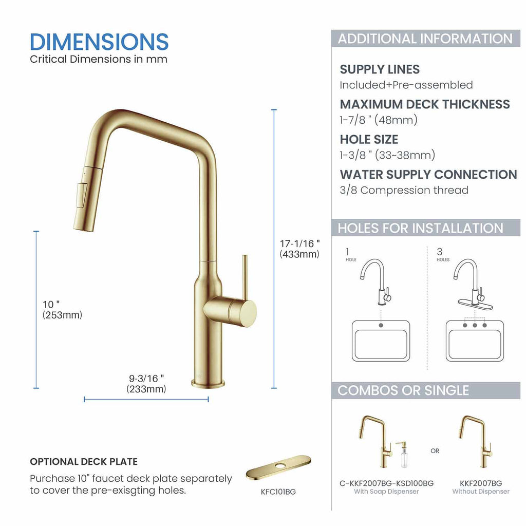 Kibi Macon Single Handle High Arc Pull Down Kitchen Faucet in Brushed Gold Finish - KKF2007BG