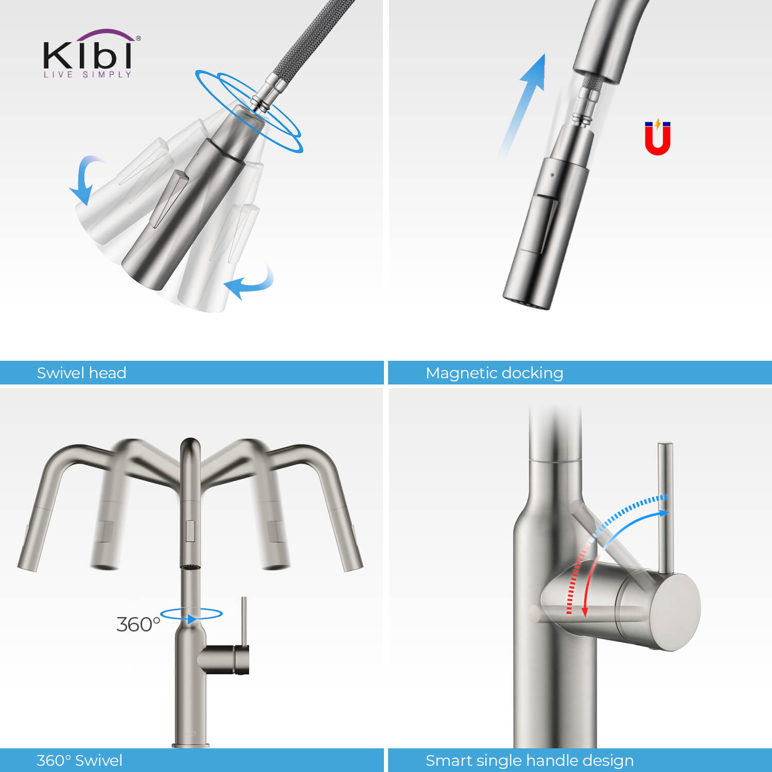 Kibi Macon Single Handle High Arc Pull Down Kitchen Faucet in Brushed Nickel Finish - KKF2007BN