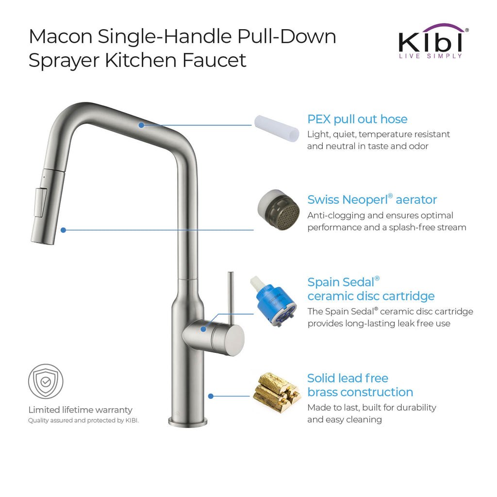 Kibi Macon Single Handle High Arc Pull Down Kitchen Faucet in Brushed Nickel Finish - KKF2007BN