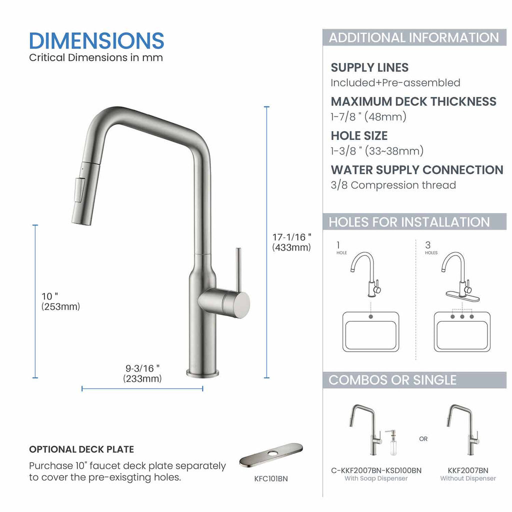 Kibi Macon Single Handle High Arc Pull Down Kitchen Faucet in Brushed Nickel Finish - KKF2007BN