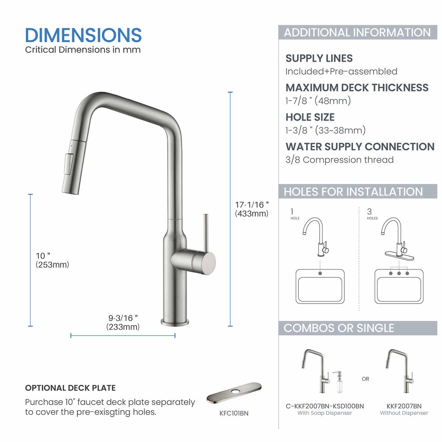 Kibi Macon Single Handle High Arc Pull Down Kitchen Faucet in Brushed Nickel Finish - KKF2007BN