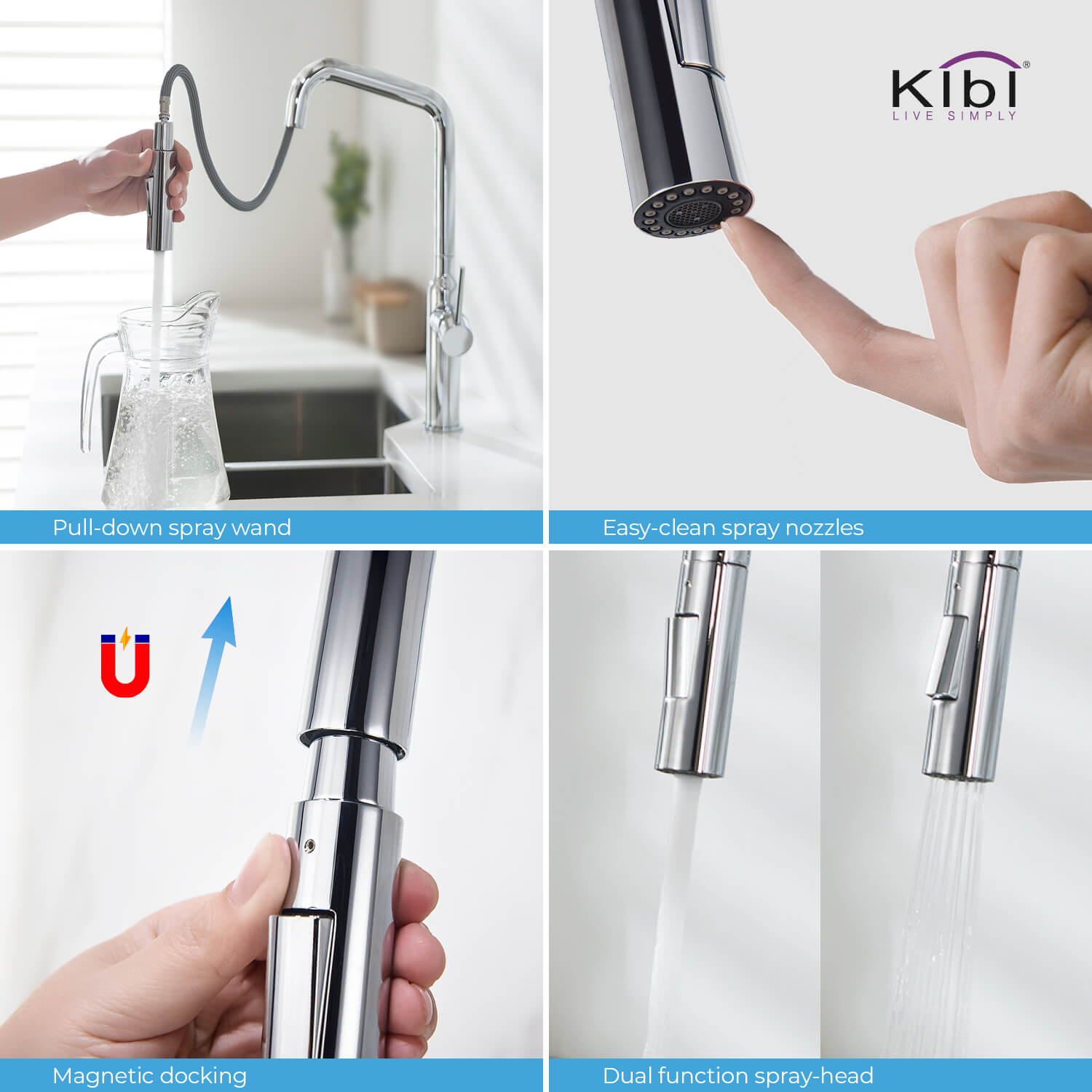 Kibi Macon Single Handle High Arc Pull Down Kitchen Faucet in Chrome Finish - KKF2007CH