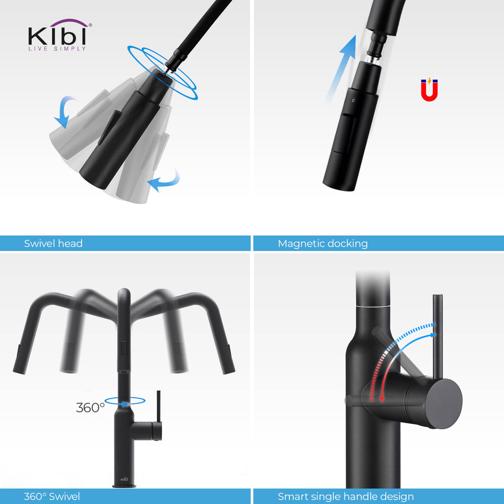 Kibi Macon Single Handle High Arc Pull Down Kitchen Faucet in Matte Black Finish - KKF2007MB
