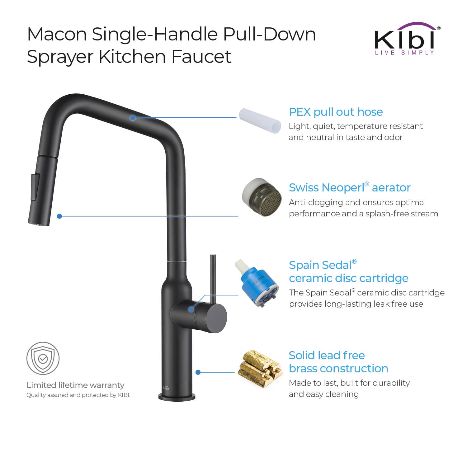 Kibi Macon Single Handle High Arc Pull Down Kitchen Faucet in Matte Black Finish - KKF2007MB
