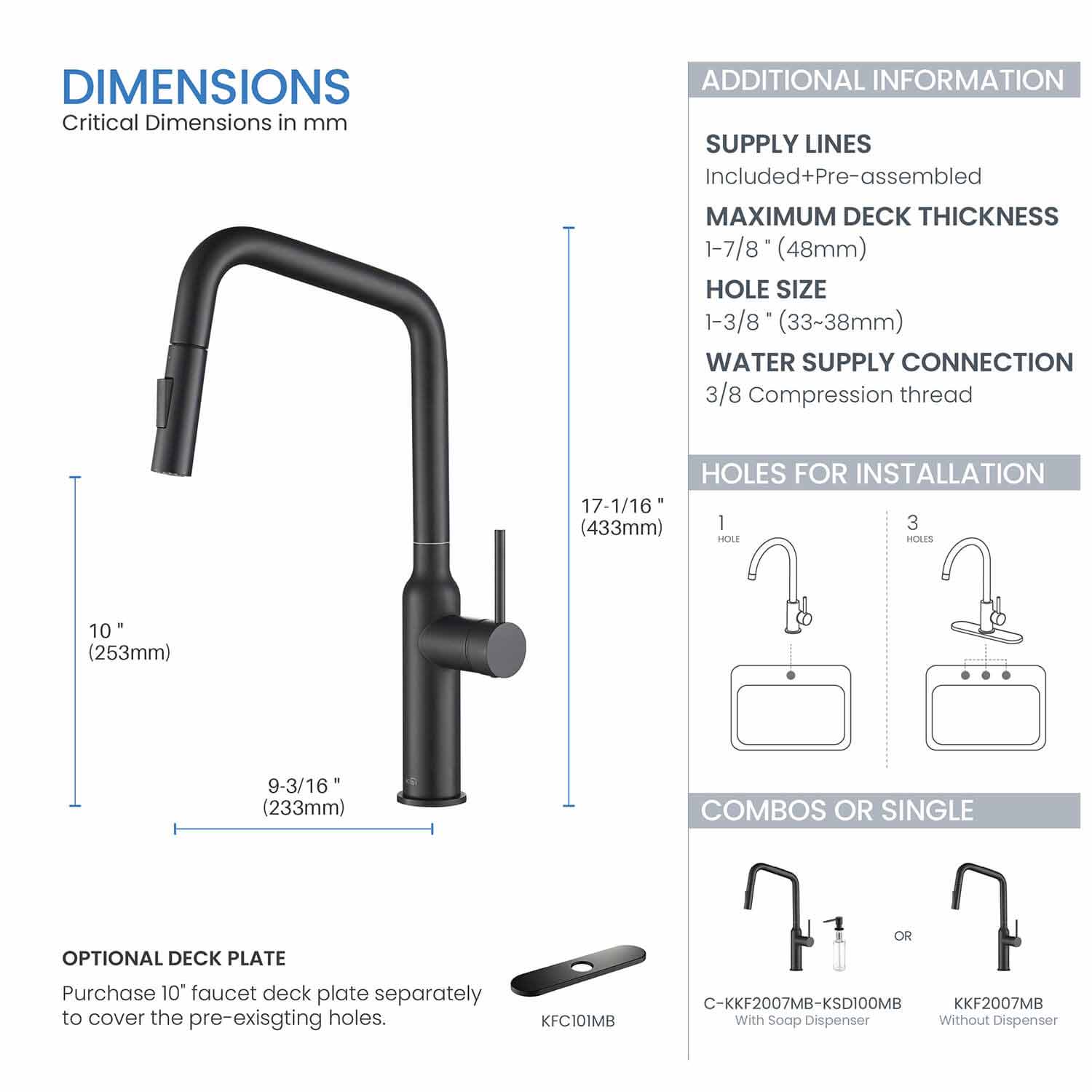 Kibi Macon Single Handle High Arc Pull Down Kitchen Faucet in Matte Black Finish - KKF2007MB