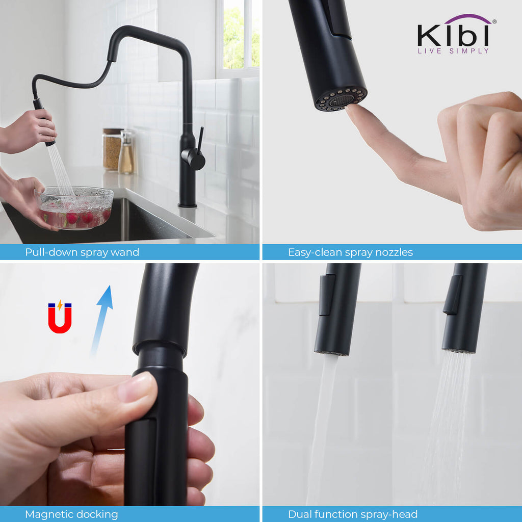 Kibi Macon Single Handle High Arc Pull Down Kitchen Faucet in Matte Black Finish - KKF2007MB