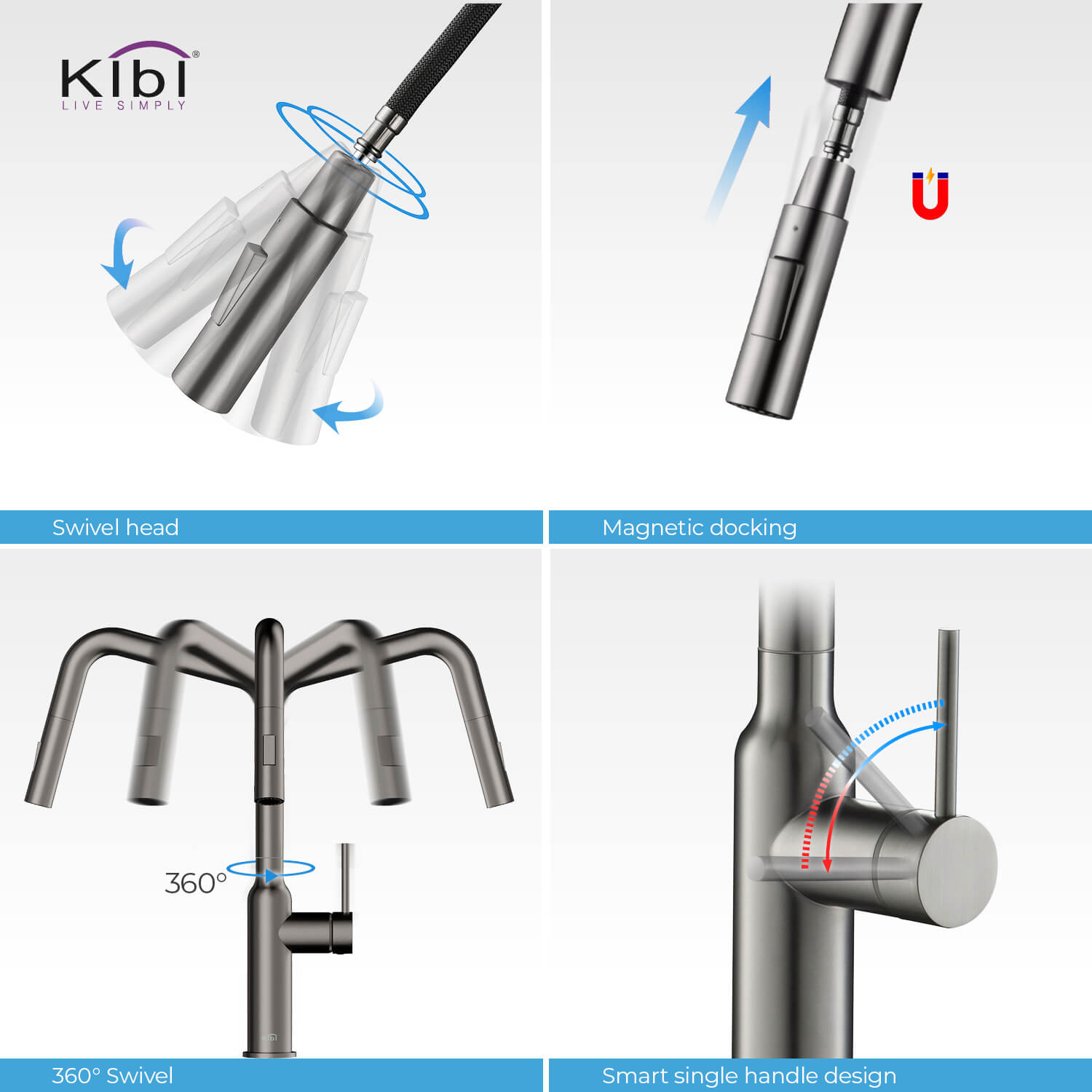 Kibi Macon Single Handle High Arc Pull Down Kitchen Faucet in Titanium Finish - KKF2007TT
