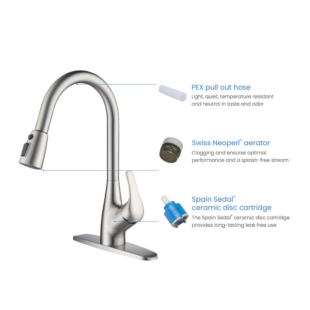 Kibi Single Handle Pull Down Kitchen Faucet In Brushed Nickel Finish - F101BN