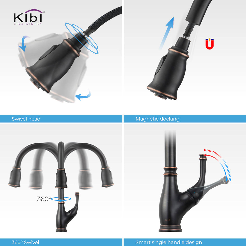 Kibi Summit Single Handle High Arc Pull Down Kitchen Faucet in Oil Rubbed Bronze Finish - KKF2009ORB