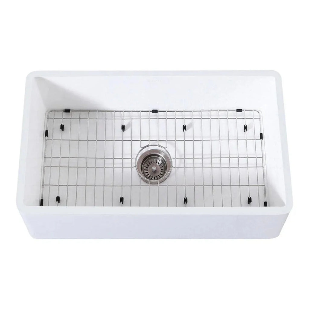 Kingston Brass 33 in. Farmhouse Apron Front Kitchen Sink with Strainer and Grid in Matte White - KGKFA331810BC