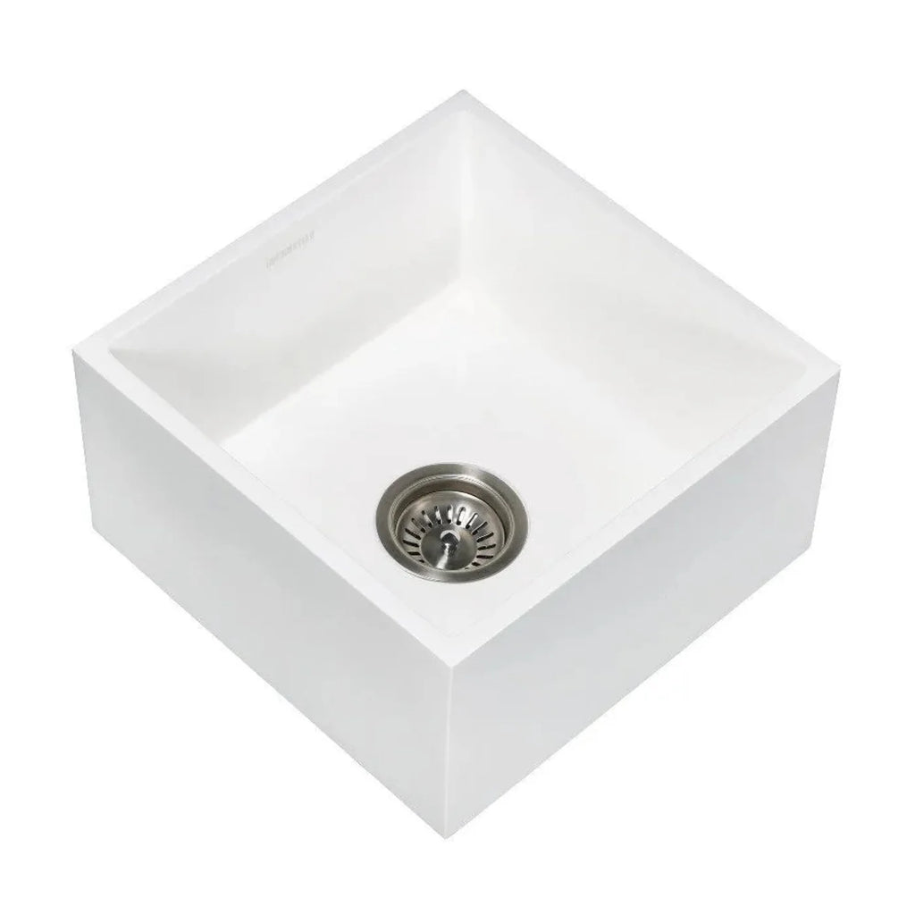 Kingston Brass Arcticstone 15 in. Solid Surface White Stone Apron-Front Single Bowl Farmhouse Bar Prep Sink with Strainer in Matte White - GKUSA15158