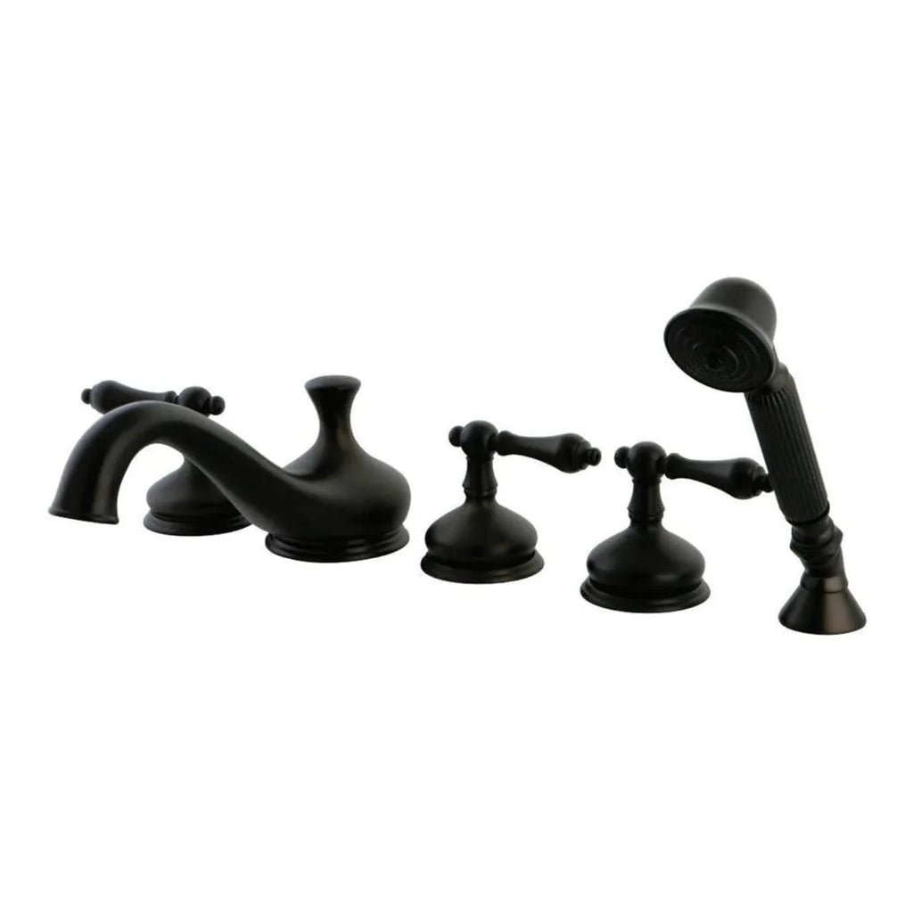 Kingston Brass Restoration Three-Handle 5-Hole Deck Mount Roman Tub Faucet with Hand Shower in Oil Rubbed Bronze - KS33355AL