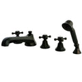 Kingston Brass Three-Handle 5-Hole Deck Mount Roman Tub Faucet with Hand Shower in Oil Rubbed Bronze - KS43055BX