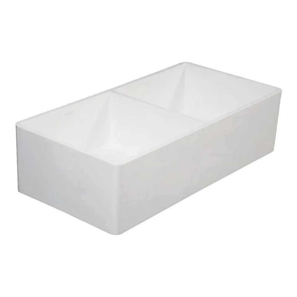 Kingston Brass 36 in. Solid Surface White Stone Apron-Front Double Bowl Farmhouse Kitchen Sink with Strainers in Matte White - GKFA361810BCD