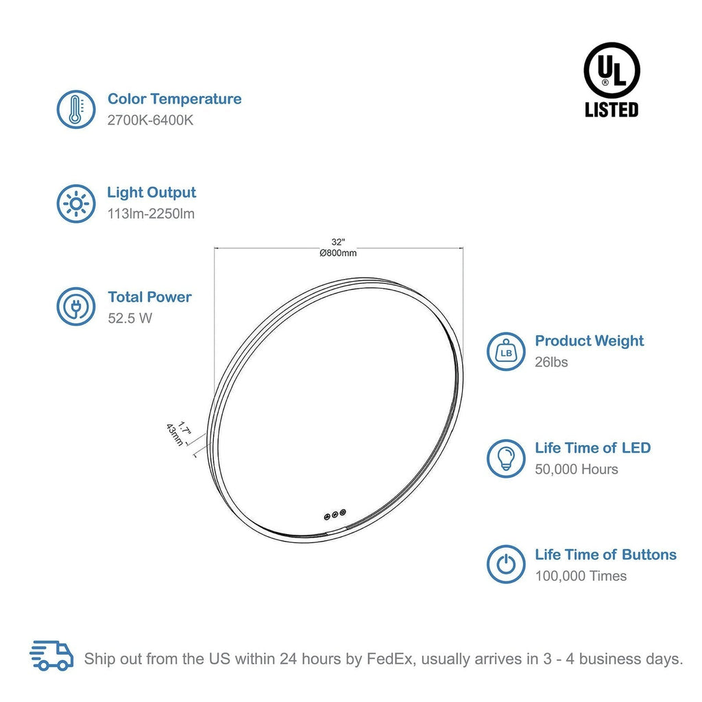 Blossom Oskar 32 Inch Round LED Mirror - LED M7 R32 MB