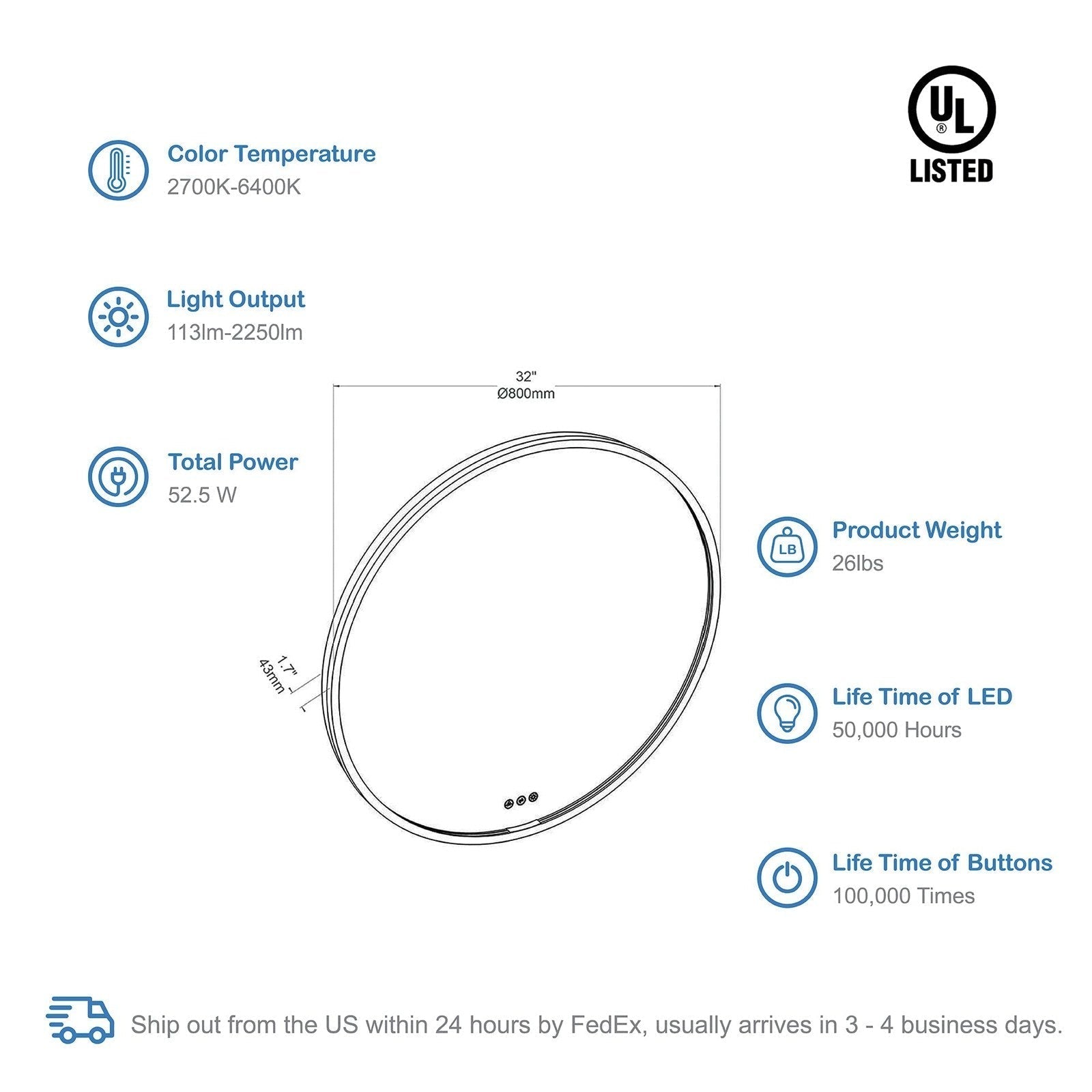 Blossom Oskar 32 Inch Round LED Mirror - LED M7 R32 MB