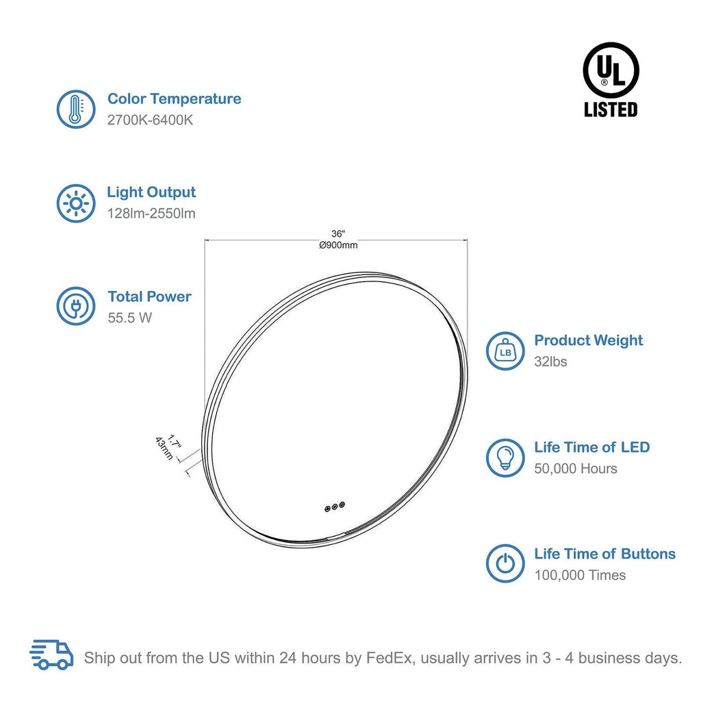 Blossom Oskar 36 Inch Round LED Mirror - LED M7 R36 MB - Backyard Provider