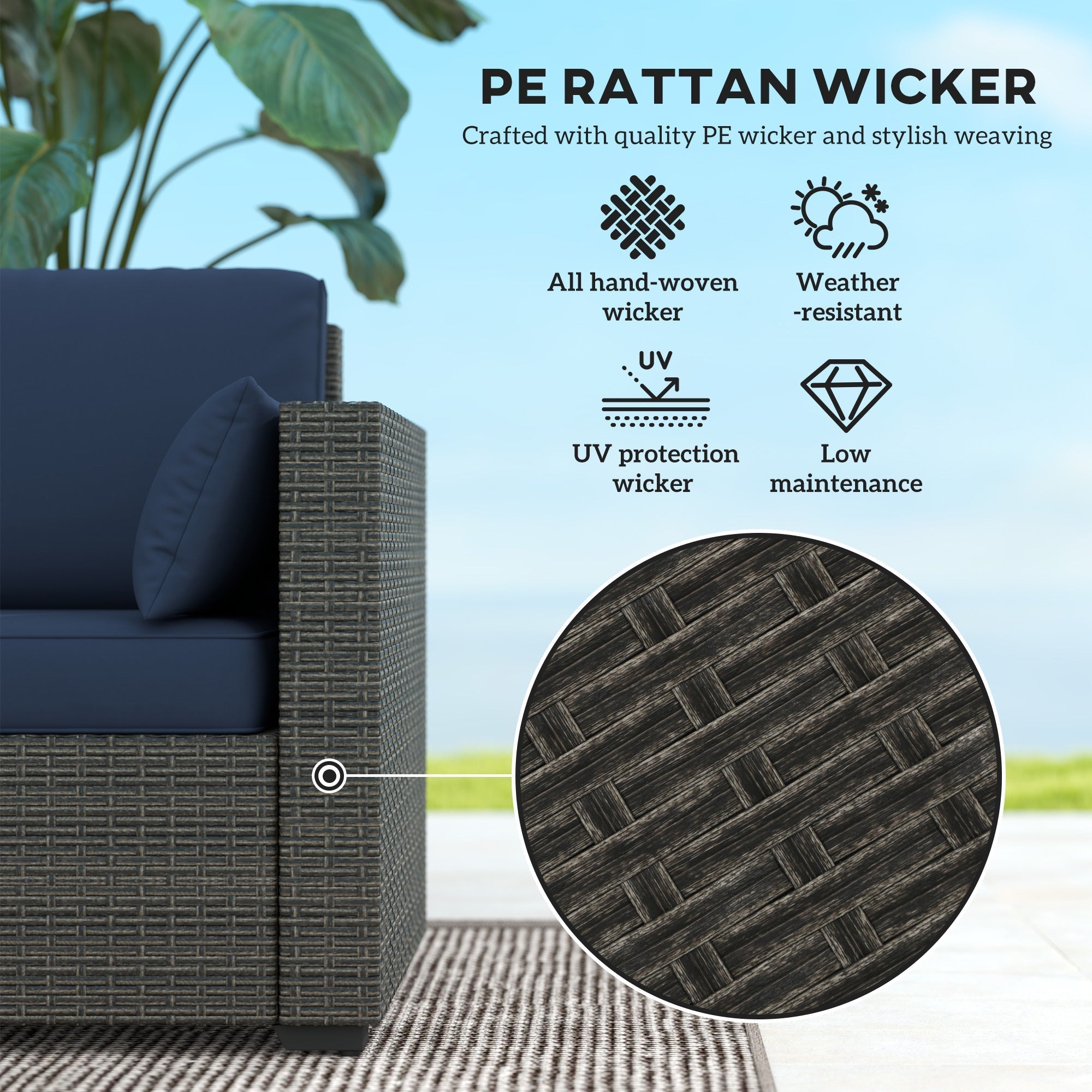 Outsunny 3-Seater PE Wicker Outdoor Sofa with Deep Seating & Removable Cushions, Navy Blue - 860-308V00BN