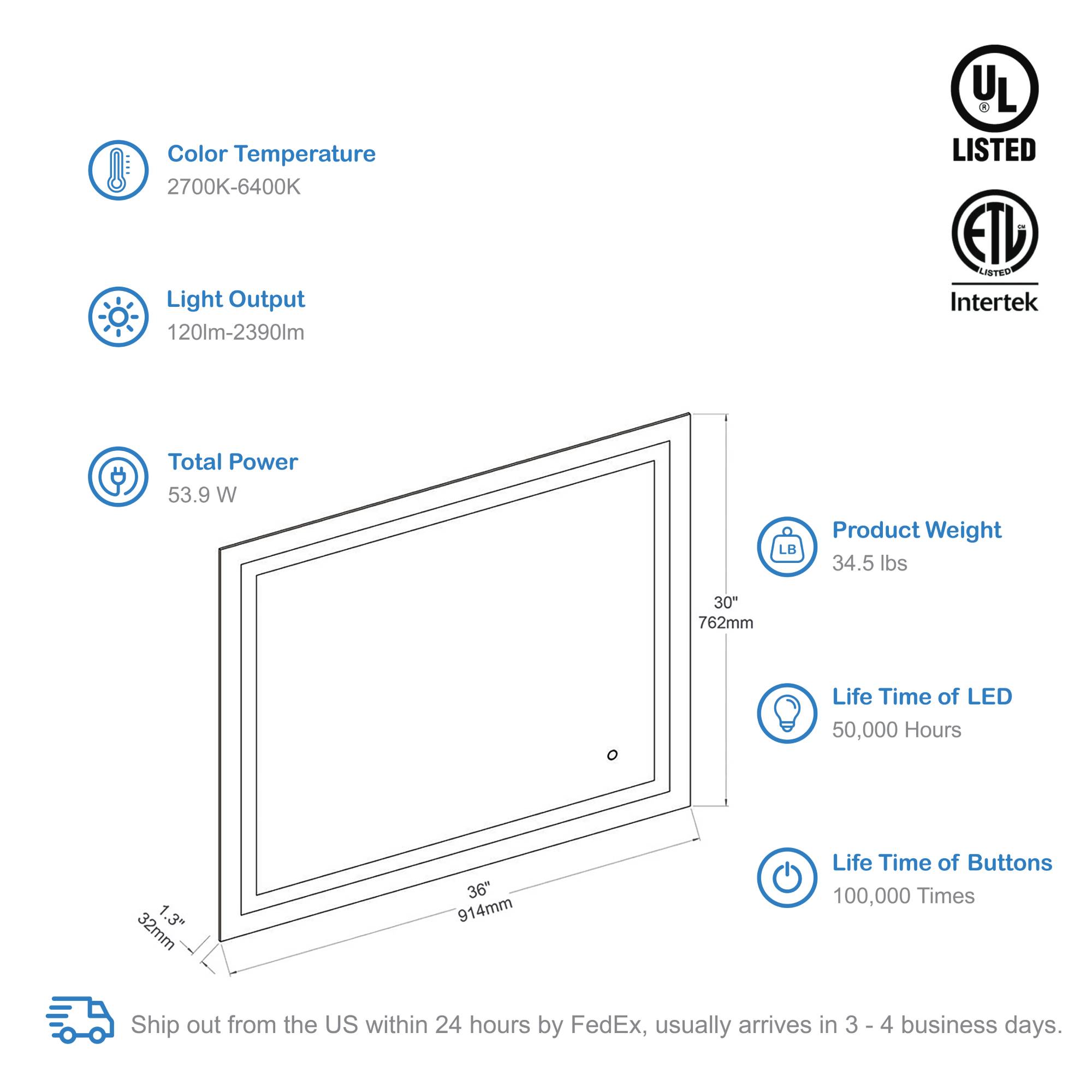 Blossom Lyra 36 x 30 Inch LED Mirror - LED M8 3630