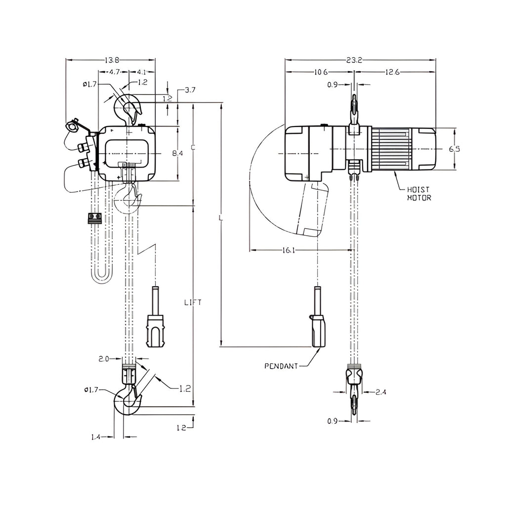 Harrington NER010L Electric Chain Hoist 1 Ton Capacity with 10FT Chain Fall - New Surplus - Harrington NER010L