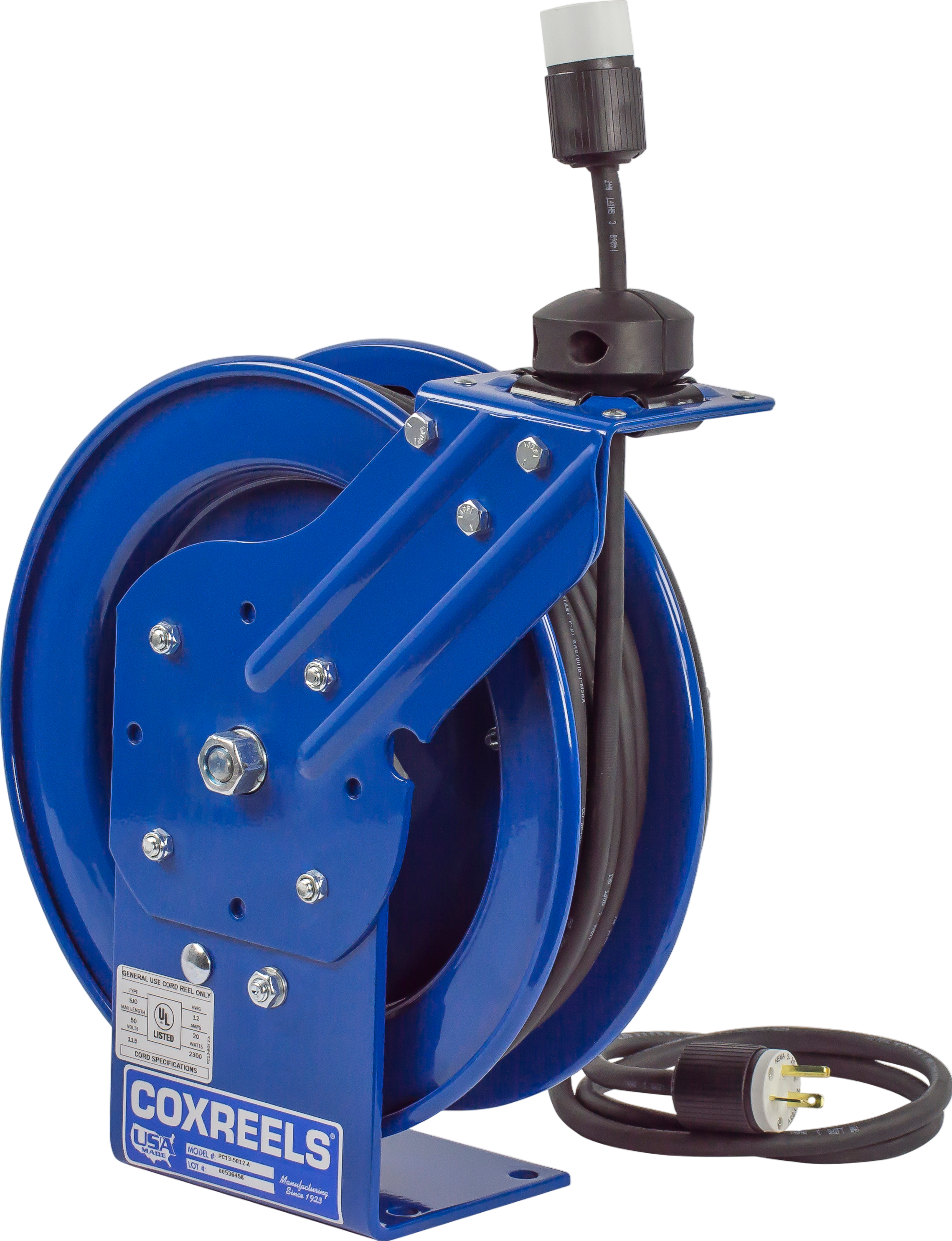 Coxreels  Spring Driven Cord Reel Single Industrial Receptacle 50' Cord 12 AWG New - PC13-5012-A