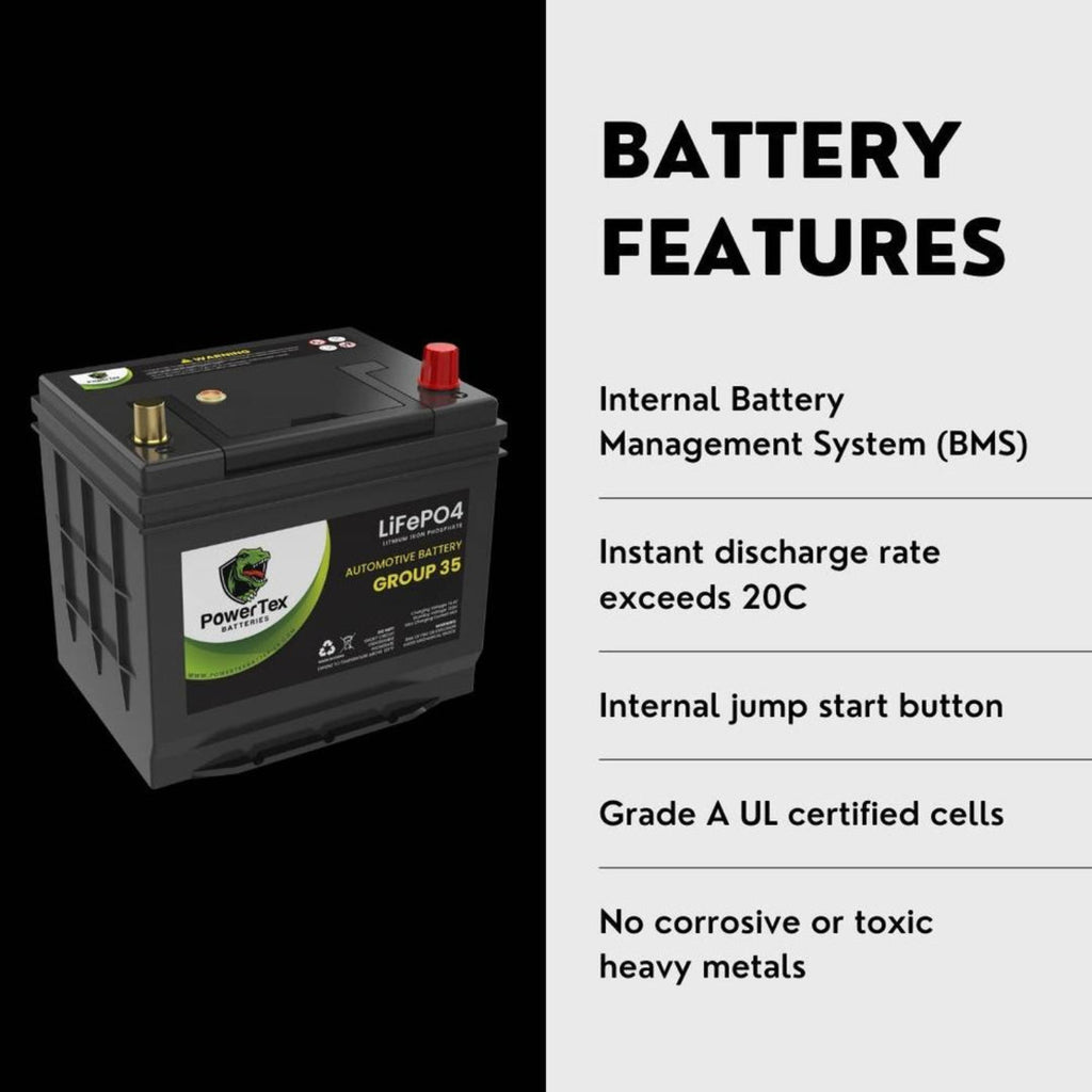 PowerTex 2022 Toyota GR86 H4 2.4L Replacement Car Battery BCI Group 35 Lithium LiFePO4 Automotive Powertex Battery - PTLG35-035
