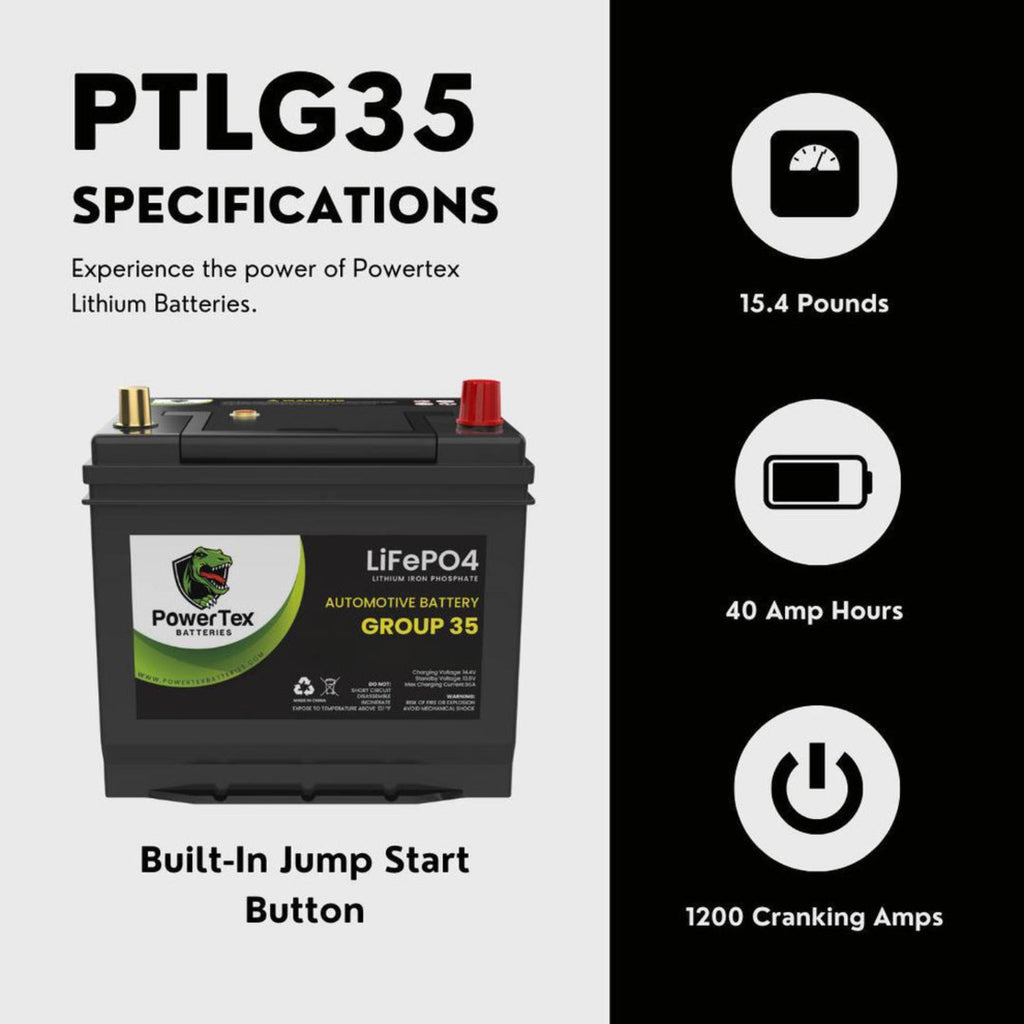 PowerTex 2022 Toyota GR86 H4 2.4L Replacement Car Battery BCI Group 35 Lithium LiFePO4 Automotive Powertex Battery - PTLG35-035