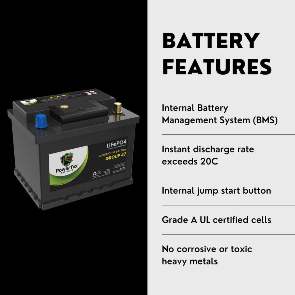 PowerTex 2022 Volkswagen Atlas V6 3.6LReplacement Car Battery BCI Group 47 Lithium LiFePO4 Automotive Powertex Battery - PTLG47-094