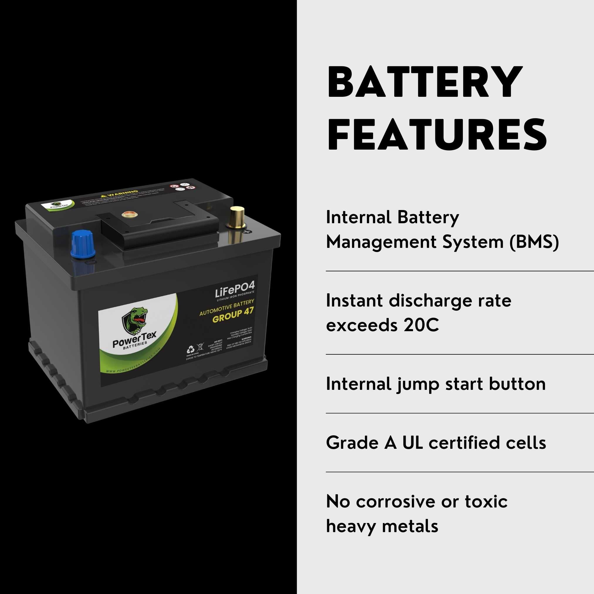 PowerTex 2011 Mini Cooper Countryman Car Battery BCI Group 47 H5 Lithium LiFePO4 Replacement Automotive Battery - PTLG47-458