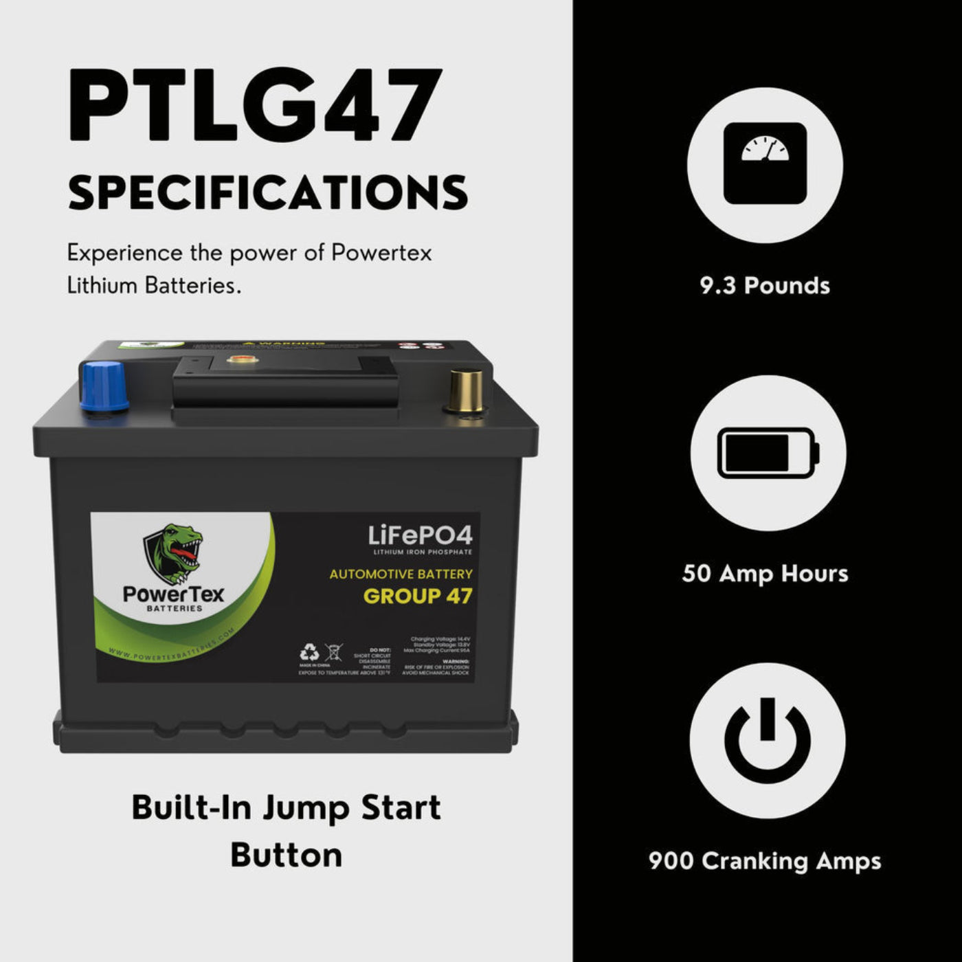 PowerTex 2023 Volkswagen Atlas V6 3.6LReplacement Car Battery BCI Group 47 Lithium LiFePO4 Automotive Powertex Battery - PTLG47-0103