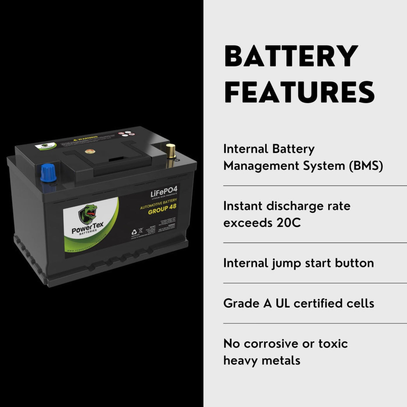 PowerTex 2023 Audi TTS L4 2.0L Replacement Car Battery BCI Group 48 Lithium LiFePO4 Automotive Powertex Battery - PTLG48-062