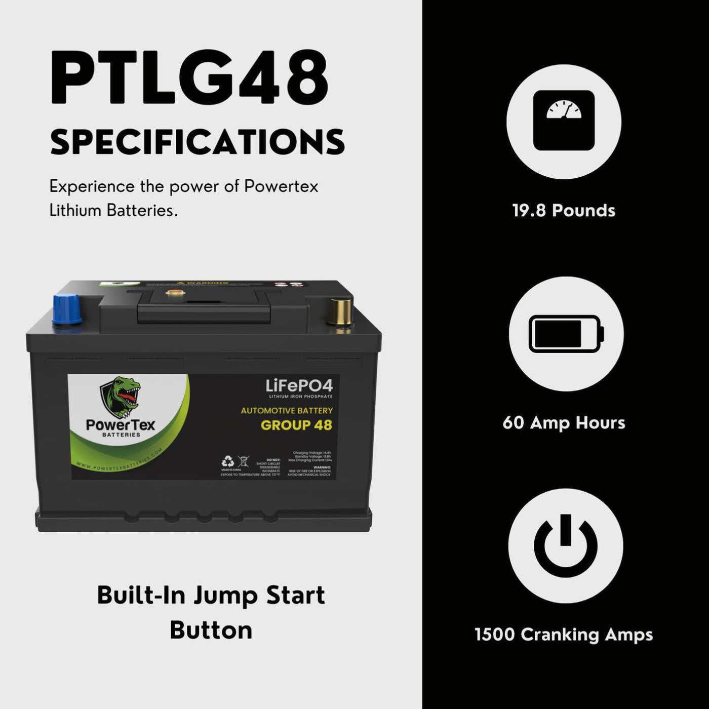 PowerTex 2023 Lexus NX350 L4 2.4L Replacement Car Battery BCI Group 48 Lithium LiFePO4 Automotive Powertex Battery - PTLG48-0407