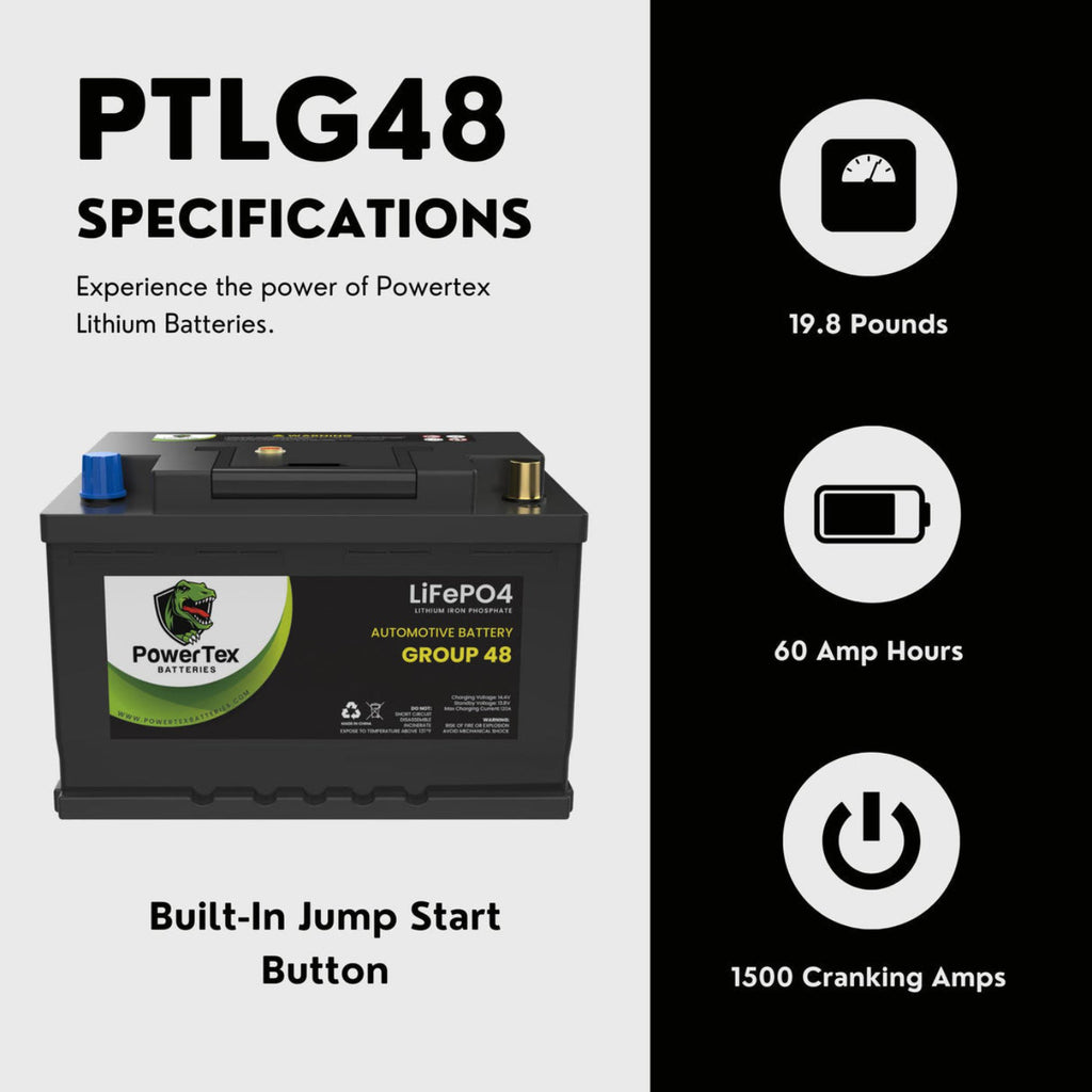 PowerTex 2024 Chevrolet Blazer V6 3.6L Replacement Car Battery BCI Group 48 Lithium LiFeP - PTLG48-0233O4 Automotive Powertex Battery