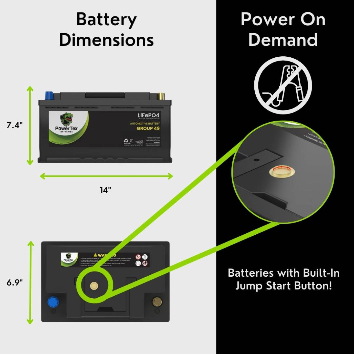 PowerTex 2019 Kia Stinger Car Battery BCI Group 49 / H8 Replacement Lithium LiFePO4 Automotive Battery - PTLG49-1075