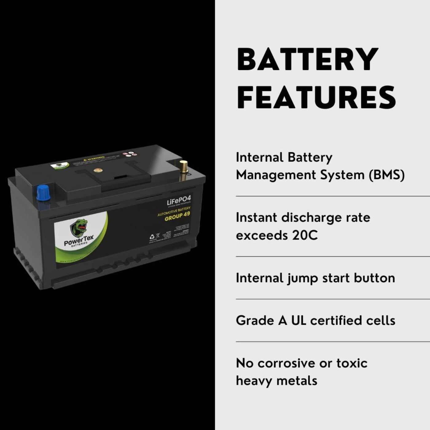PowerTex 2022 BMW 220I L4 2.0LReplacement Car Battery BCI Group 49 Lithium LiFePO4 Au - omotive Powertex Battery - PTLG49-0151
