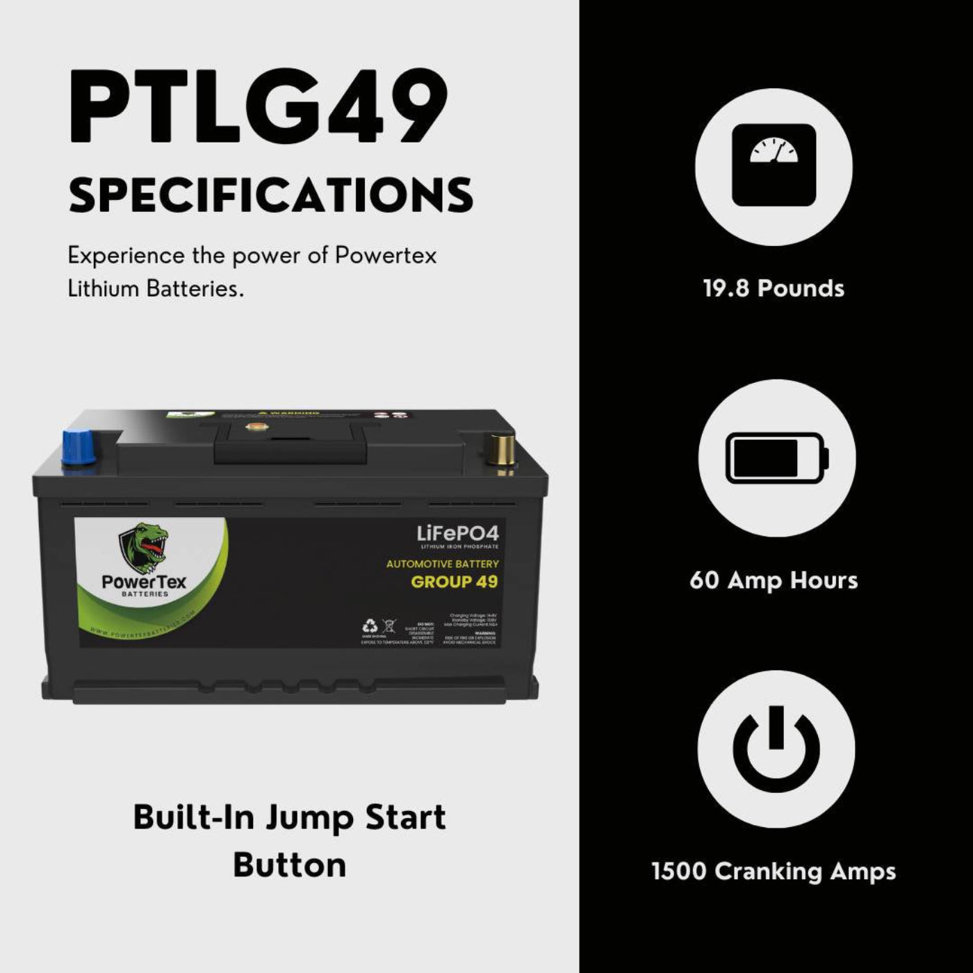 PowerTex 2024 BMW 430I L4 2.0LReplacement Car Battery BCI Group 49 Lithium LiFePO4 Au - PTLG49-0182tomotive Powertex Battery