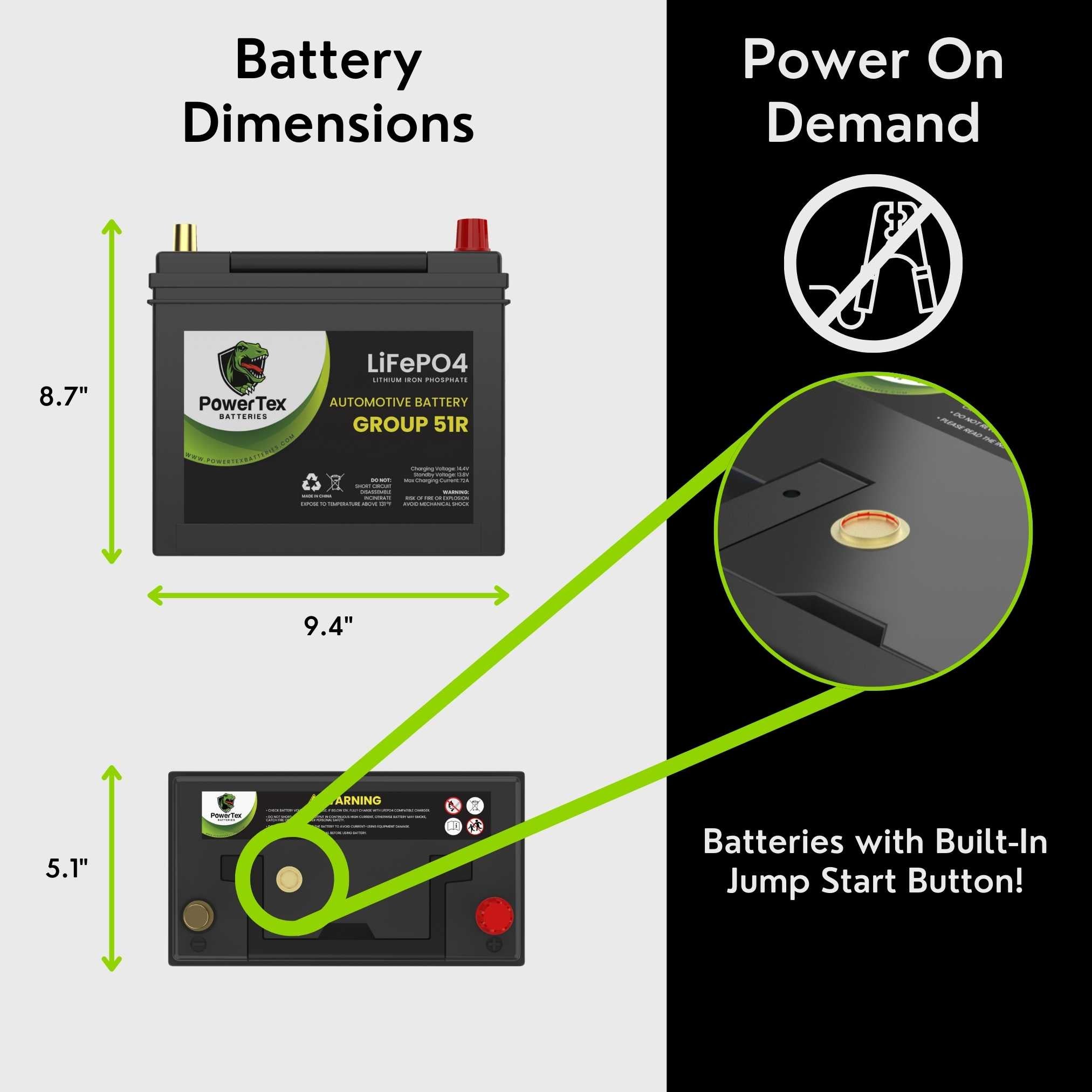 PowerTex 2020 Infiniti QX60 Car Battery BCI Group 51R Lithium LiFePO4 Replacement Automotive Battery - PTLG51R-100
