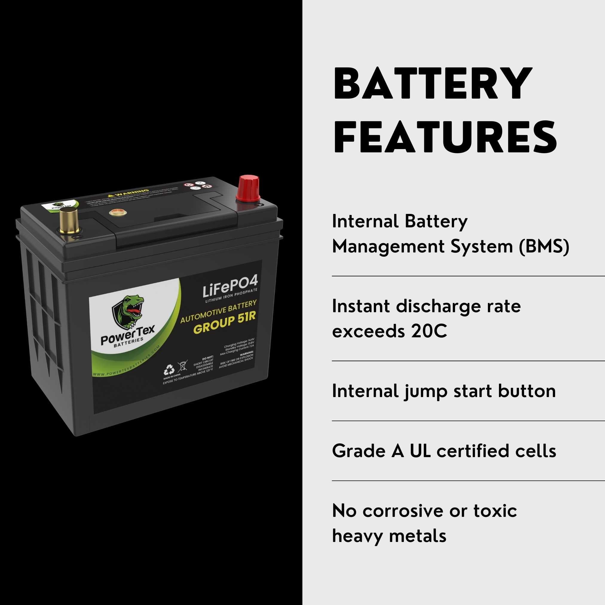 PowerTex 2011 Nissan Leaf Car Battery BCI Group 51R Lithium LiFePO4 Replacement Automotive Battery - PTLG51R-151