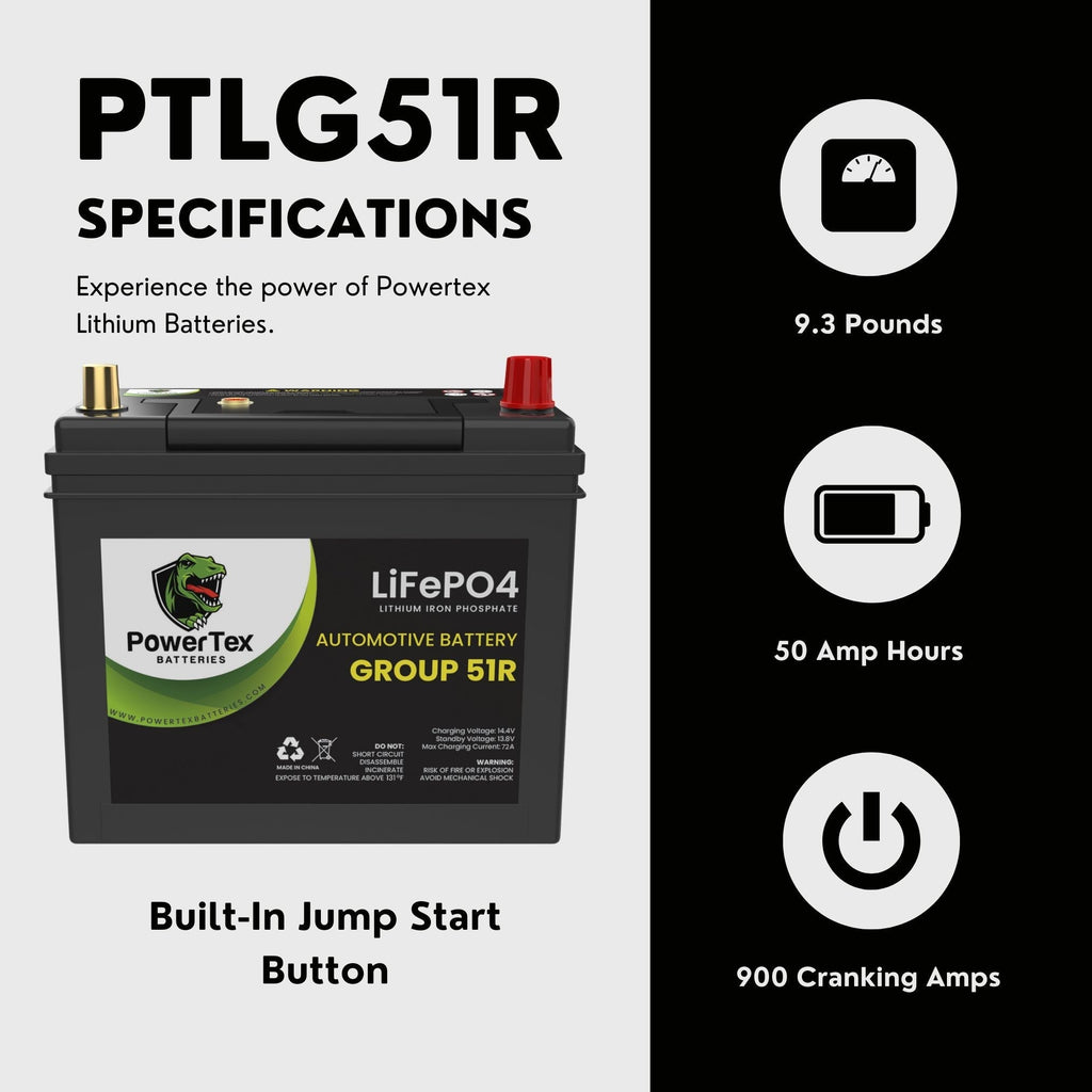 PowerTex 2021 Honda Clarity Car Battery BCI Group 51R Lithium LiFePO4 Replacement Automotive Battery - PTLG51R-31